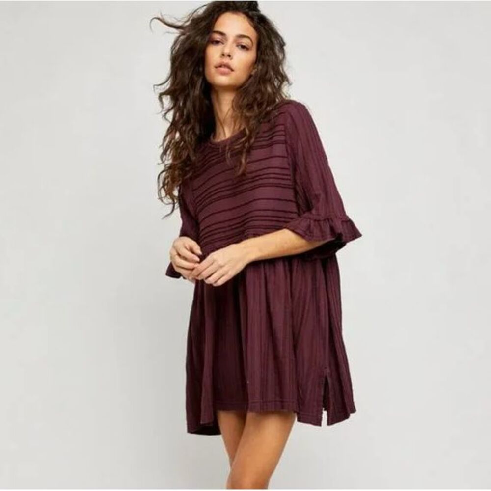 Free People Take a Spin Tunic Dress Size XS Babydoll Boho Textured Ribbed Purple
